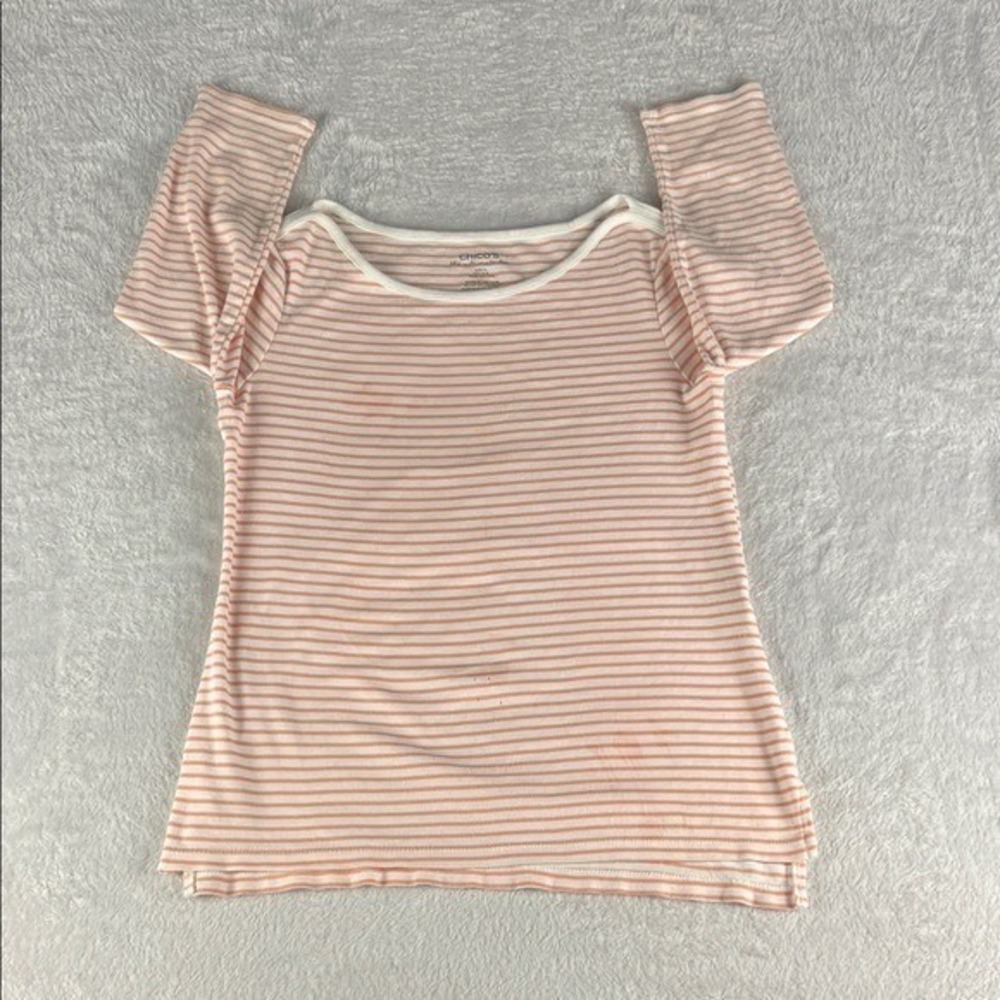 Chico's Ultimate Tee Women Size 0 Orange White Striped‎ Fair 3/4 Sleeve Cotton